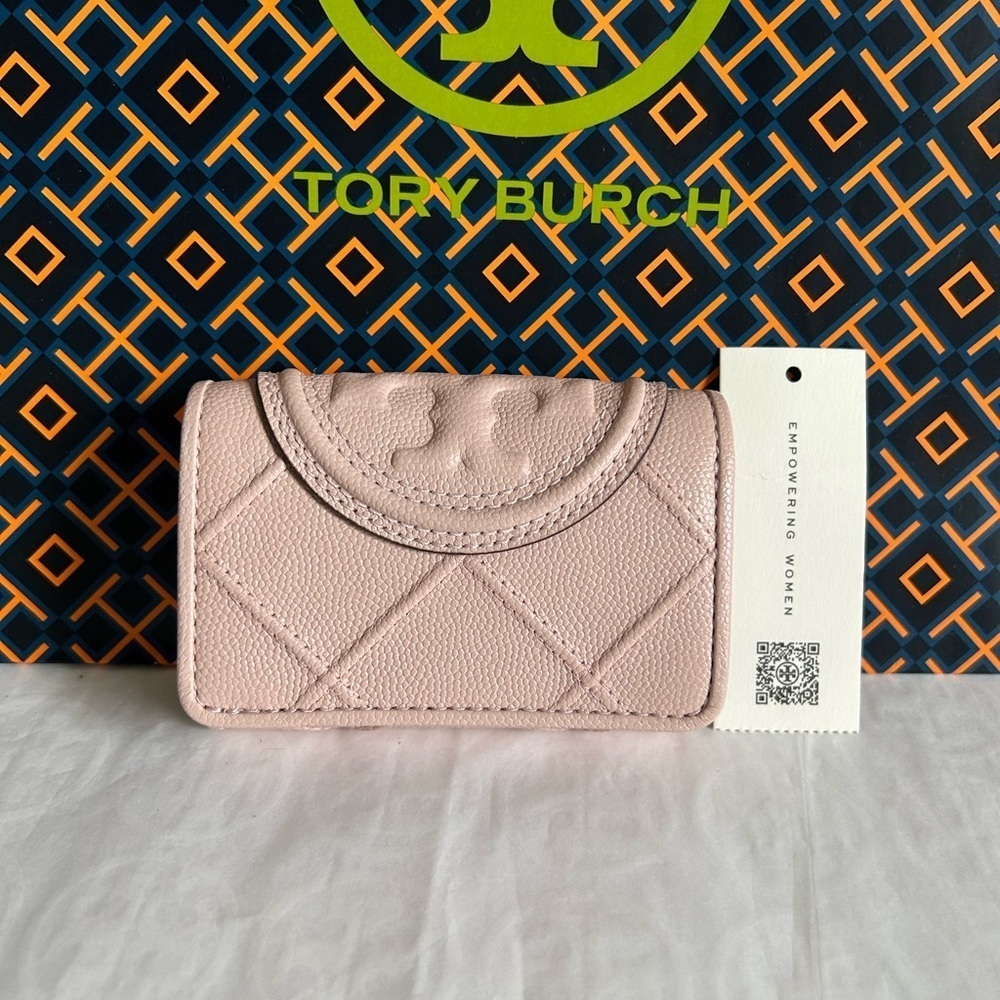 Tory Burch Fleming Soft Polished Grain Small Flap Wallet Pink Dawn Gold
